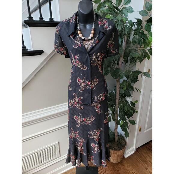 Emma & James 3 Piece Skirt Suit Women Size 14 Black Floral Collar Button Front - Picture 12 of 13